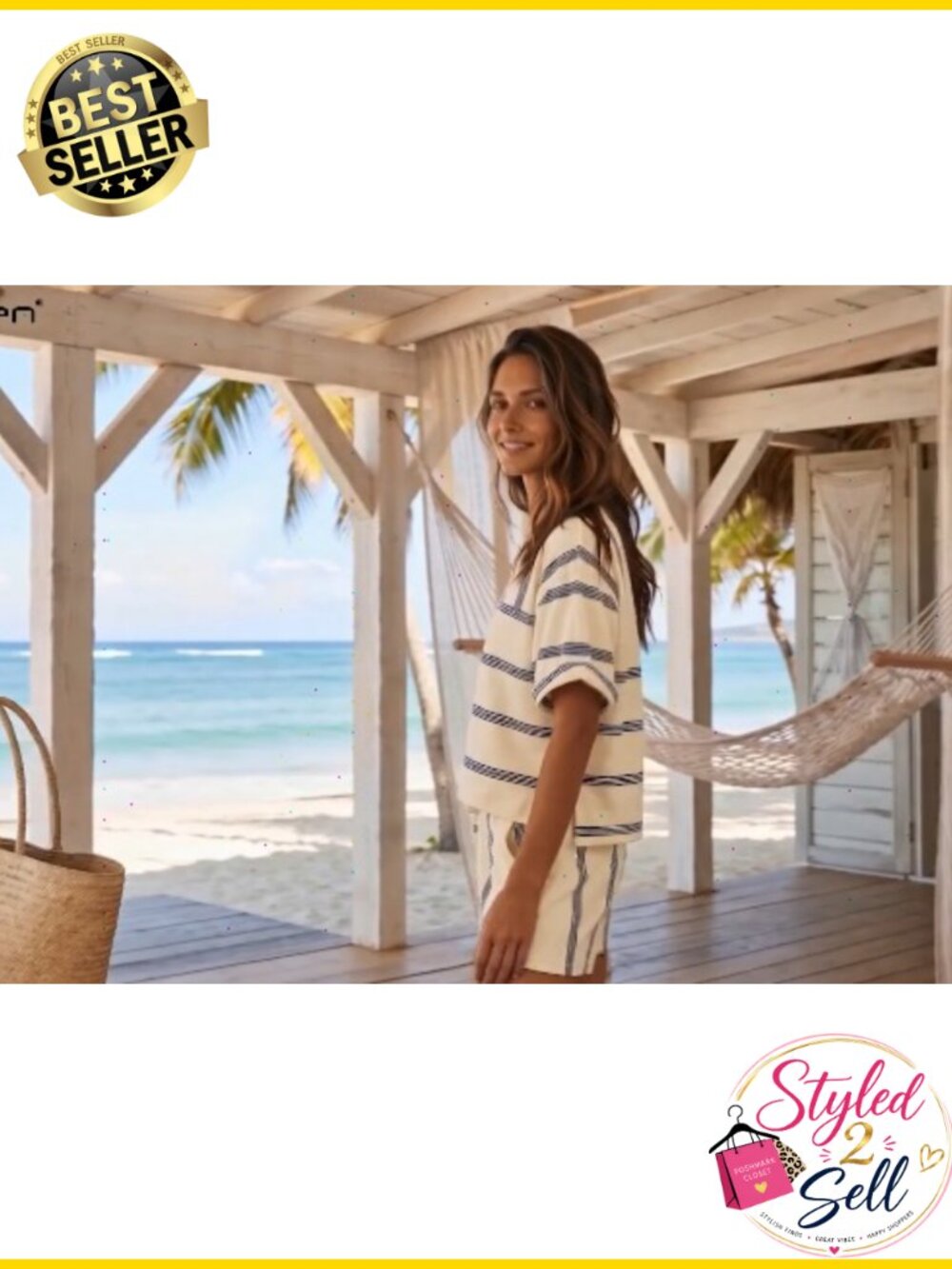Striped Cotton Blend 2 Piece Lounge Short Set Vacation Outfit - Picture 5 of 6